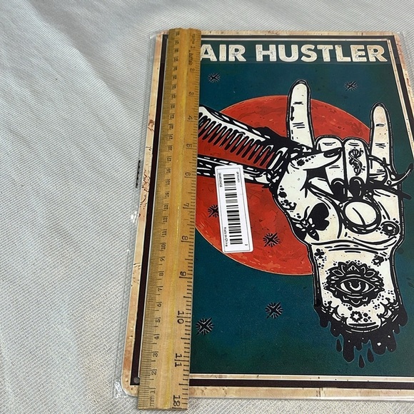 Vintage Vibe NWT Hair Hustler Metal Tin Sign Tatoo Hand Design Scissors Comb - Picture 4 of 6